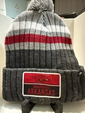 Arkansas Razorbacks Grey Red Knit Pom Beanie